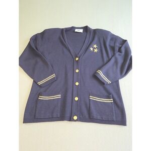 Bay Point Threads Cardigan Women Large Navy Blue Gold Star Crest Button Vintage